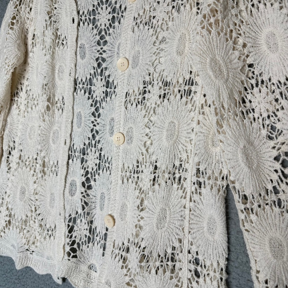 Cream Floral Crochet Cardigan Cotton Bell Sleeve Button Front Boho Lace Top L - Picture 3 of 6